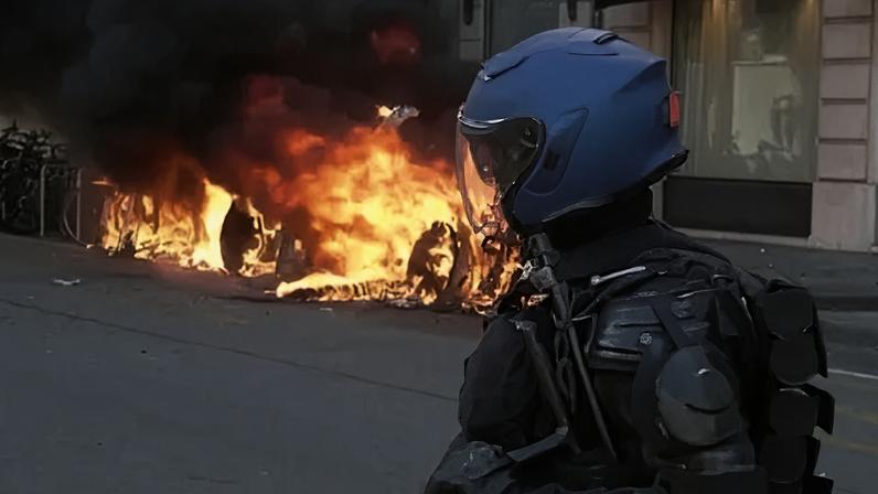 Police officer wearing protective gear watches car in flames