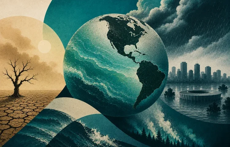 A imagem ilustra a elevação de temperaturas médias nos oceanos na costa da América Latina, onde se concentra o fenômeno climático conhecido como El Niño (Imagem gerada por IA)
