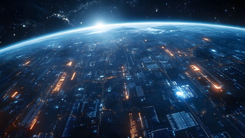 Earth with digital data overlays in space