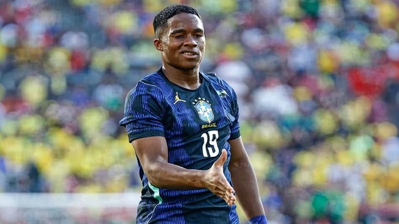 Endrick comemora gol da seleção brasileira contra o Egito em Cleveland (EUA)