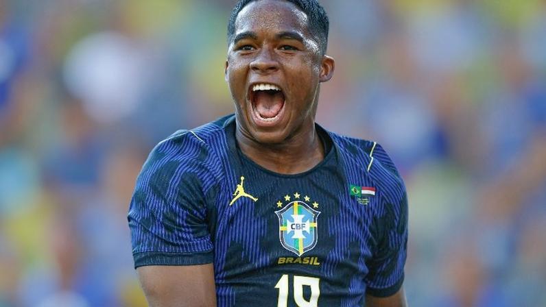 Endrick comemora gol da seleção brasileira contra o Egito em Cleveland (EUA)