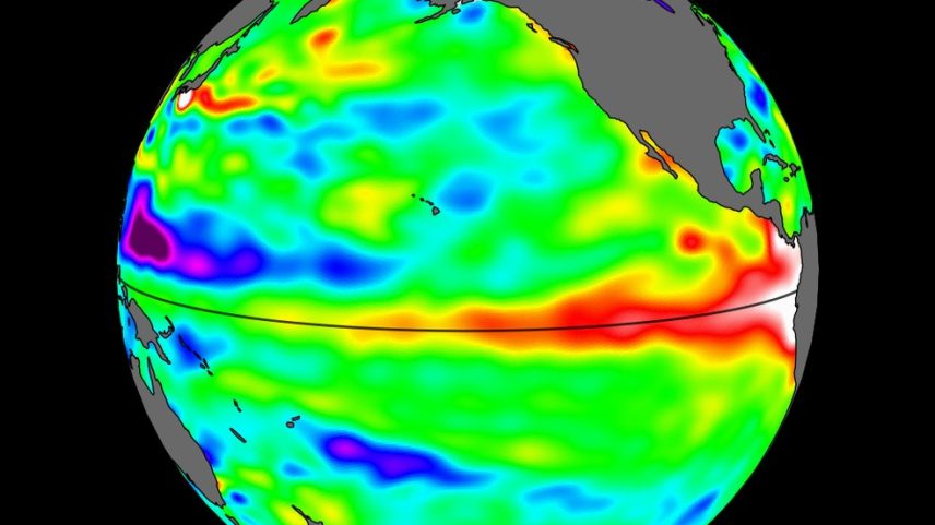Imagens do satélite mostram variações no nível do mar em junho de 2026; áreas em vermelho indicando águas mais elevadas no Pacífico equatorial, sinal típico associado ao desenvolvimento do El Niño.