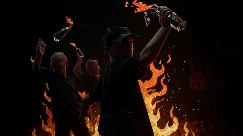Imagem de um jovem com um coquetel molotov nas mãos iniciando um incêndio