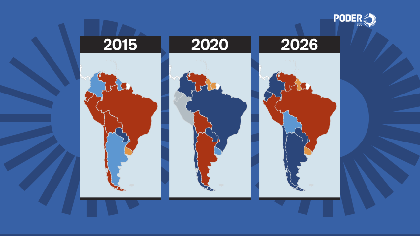 Mapa mostra a divisão política da América do Sul de 2015 a 2026; com a vitória da direita na Colômbia, região terá 6 governos de esquerda e 6 de direita