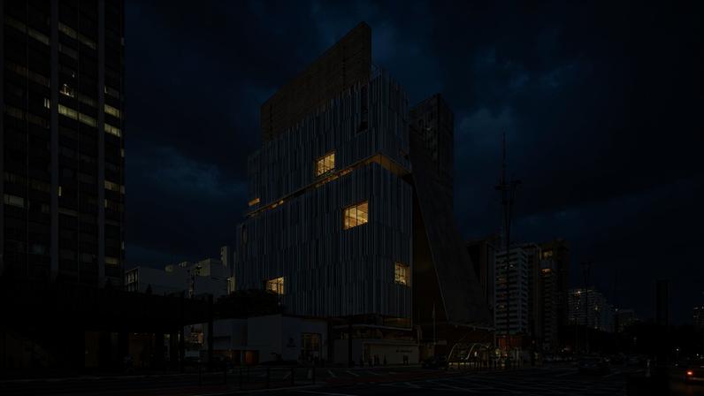 O render mostra a futura sede do Itaú Cultural na Avenida Paulista, marcada pela fachada de brises brancos e por terraços integrados à cidade