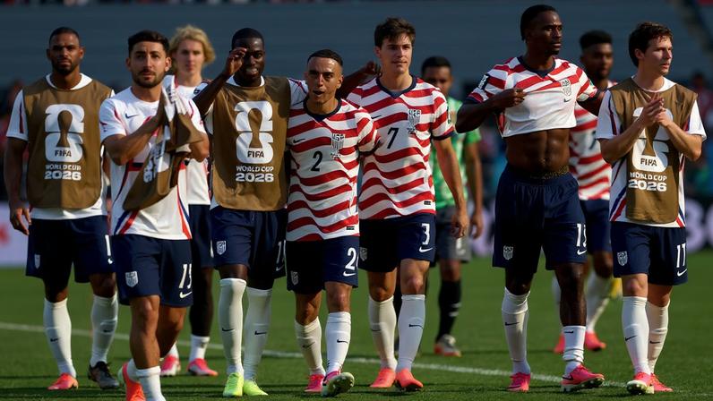 SEATTLE, WASHINGTON - JUNE 19: Players of the United States celebrate the team's 2-0 victory in the FIFA World Cup 2026 Group D match between USA and Australia at Seattle Stadium on June 19, 2026 in Seattle, Washington. Emilee Chinn/Getty Images/AFP