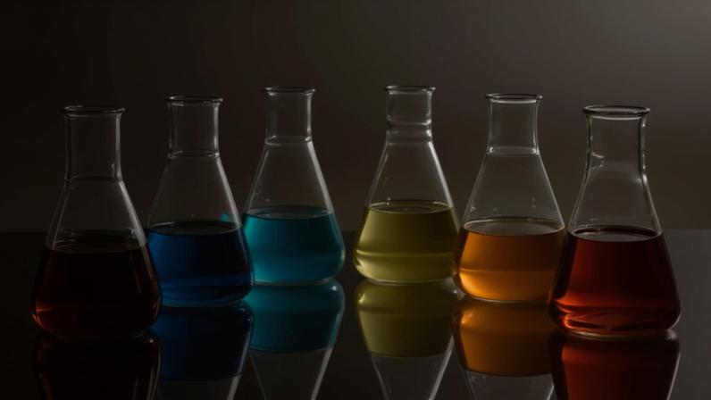 Scientific laboratory glass erlenmeyer flask filled with colorful liquid forming rainbow.