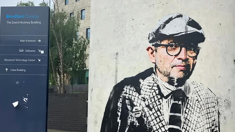 A graffiti image of David Hockney on a pillar with a sign for Bradford College behind