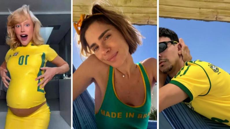 Malu Borges, Carolina Dieckmann e Júlio Cocielo entram no clima do jogo do Brasil