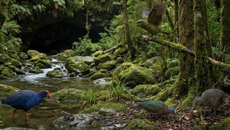 Ilustração colorida de fauna antiga da Nova Zelândia - Metrópoles