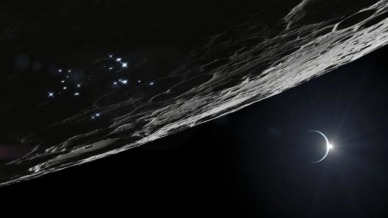 Artist’s rendering of the Moon’s South Pole region. Glowing points of light scattered across the lunar surface represent surface assets supporting sustained human and robotic operations near the South Pole.