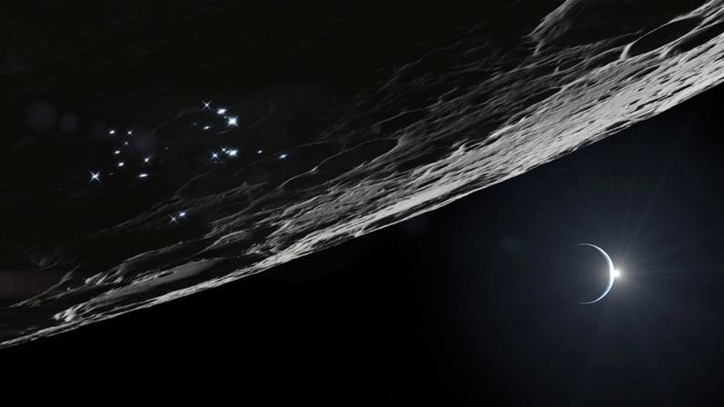 Representación digital de la región del Polo Sur lunar. Los puntos de luz brillantes esparcidos por la superficie lunar representan los componentes en superficie que apoyan las operaciones sostenidas con seres humanos y robots cerca del Polo Sur.