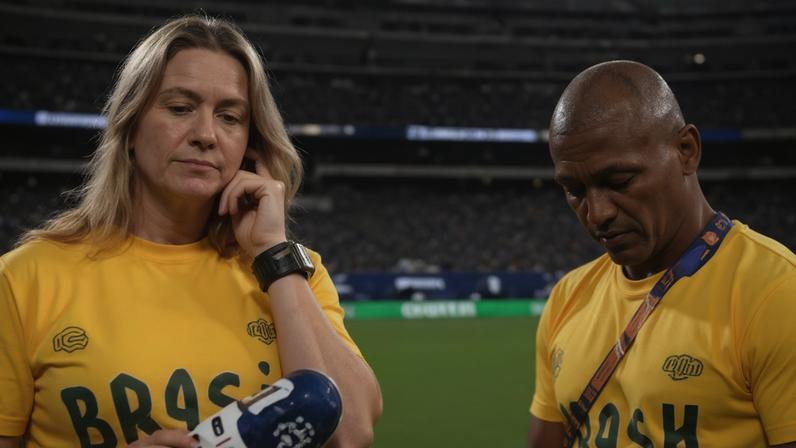 Fernanda Gentil e Romário em transmissão após a estreia do Brasil na Copa