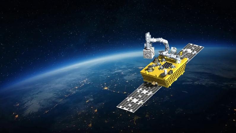 Fly Foundational Robots (FFR) mission concept image. A golden satellite with solar arrays extended and a mechanical arm on top of the satellite. The limb of Earth is in the background.