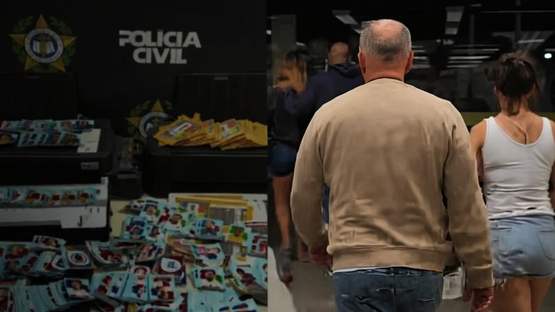 Montagem com fotos coloridas de figurinhas falsas apreendidas e mulheres presas - Metrópoles