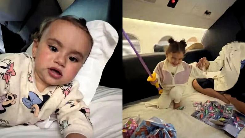Filhas de Bruna Biancardi e Neymar 'fazem a festa' em avião a caminho dos EUA — Foto: Reprodução/Instagram