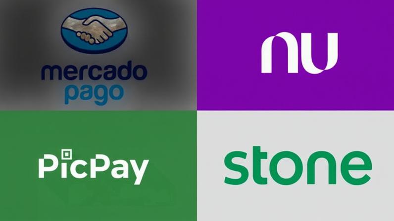 Fintechs que investem em governança, monitoramento e prevenção a ilícitos criam condições para crescer de forma segura e sustentável, afirma a articulista; Na imagem, da direita para a esquerda, de cima para baixo, logos do Mercado Pago, Nubank, PicPay e Stone