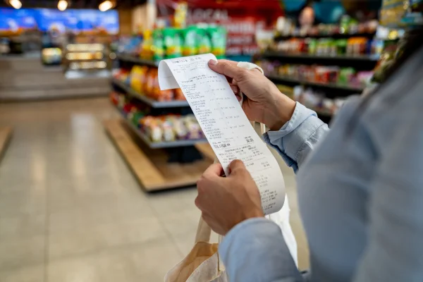 Imagem colorida, Mulher comprando em uma loja de conveniência e verificando seu recibo - Metrópoles - Divulgação de inflação e Selic