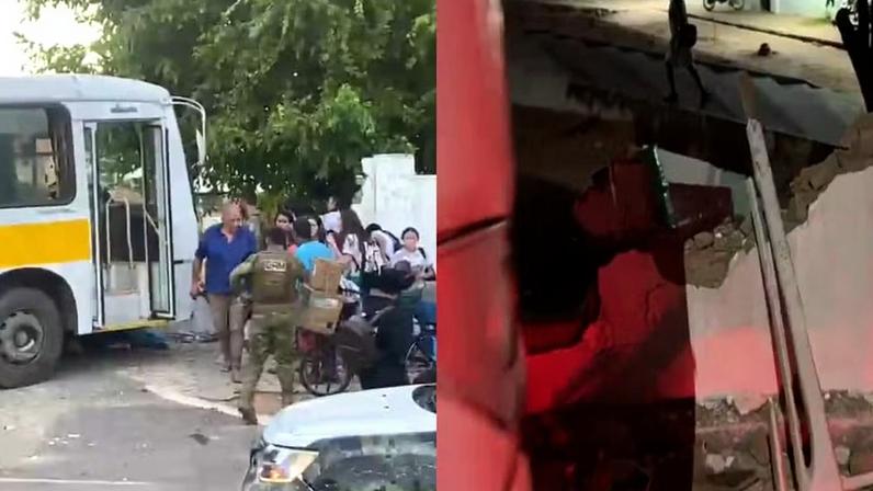 Acidente com ônibus escolar deixou, pelo menos, três pessoas feridas em Juazeiro do Norte, no Ceará. — Foto: Reprodução