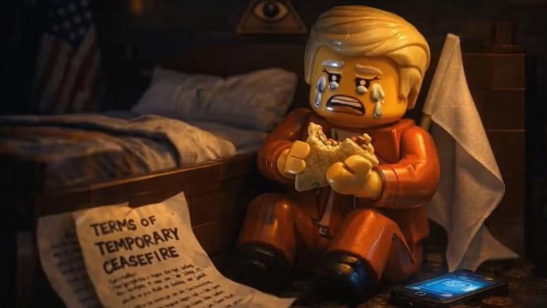 Um dos memes produzidos pelos iranianos ridiculariza o presidente americano ao mostrá-lo comendo um taco, que é a sigla em inglês para ‘Trump sempre recua’ e se refere a suas mudanças de posições — Foto: Explosive Media