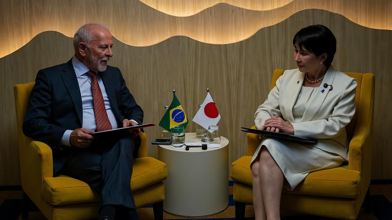 Lula com a primeira-ministra japonesa, Sanae Takaichi: encontro do Mercosul marcará aproximação com Japão — Foto: Ricardo Stuckert/PR