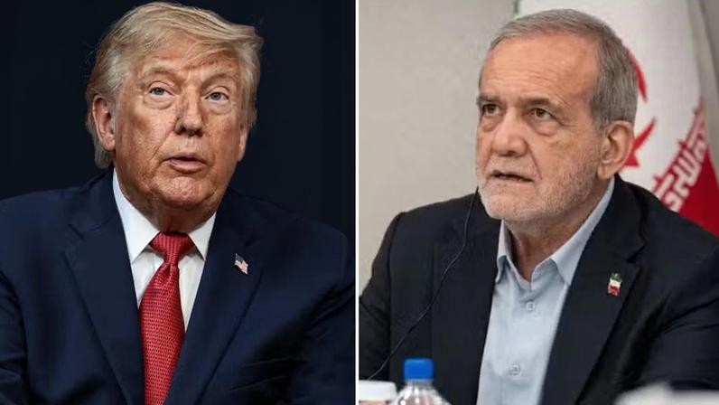 Presidente dos EUA, Donald Trump, e presidente do Irã, Masoud Pezeshkian — Foto: Evelyn Hockstein/Reuters e Angelina Katsanis/AP Photo