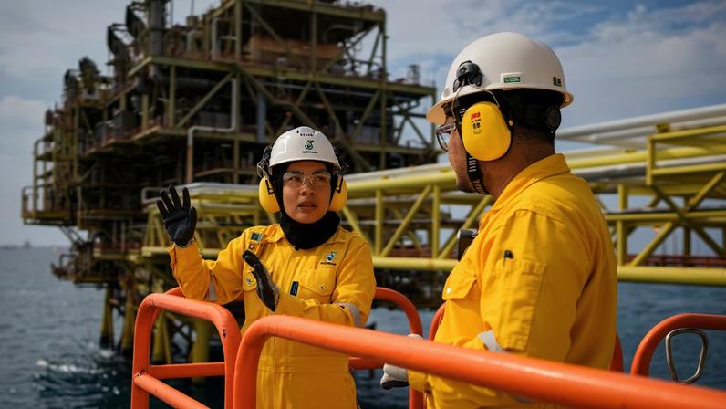 Funcionários de plataforma de petróleo da Petronas, estatal petroleira da Malásia — Foto: Facebook/@petronas