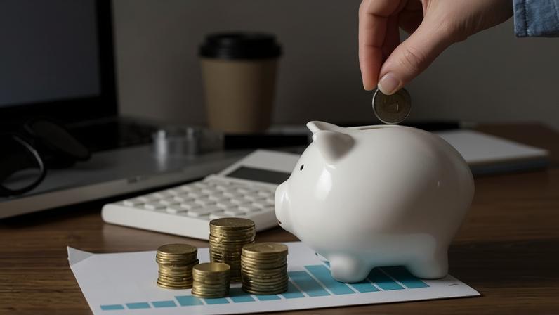 Mão coloca moeda em porquinho branco de porcelana, apoiado em uma mesa ao lado de outras moedas, de uma calculadora, de um notebook e um café.