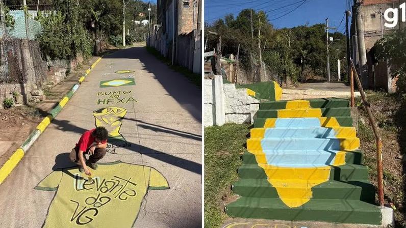 Comunidade do bairro Glória, em Porto Alegre, pinta ruas para a Copa do Mundo — Foto: Seguidor F/ RBS TV