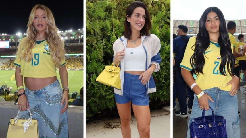 Gabriely (Endrick), Duda Fournier (Lucas Paquetá) e Duda Santos (Rayan) usando bolsas maiores da Hermès em partidas antes da Copa do Mundo