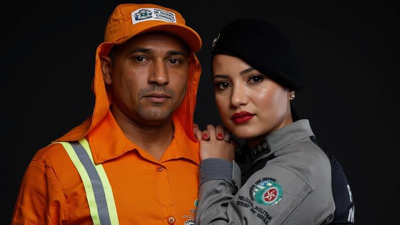 Nas fotos, Andreia aparece fardada ao lado do marido vestido com o uniforme da Companhia de Urbanização de Goiânia
