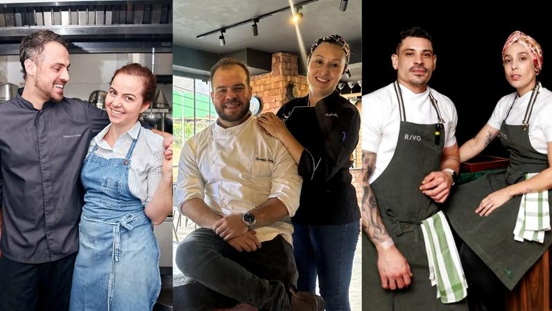 Chefs Guilherme Furtado e Gabriella Guimarães, do Okinaki e Parallel; Ronaldo Avelar e Paolla Stocler, do Pinga e Frita; e Alethea Ruckert e Max Catolino, do restaurante Rivo: vínculos afetivo e profissional caminham lado a lado