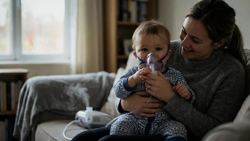 Mãe fazendo inalação em bebê