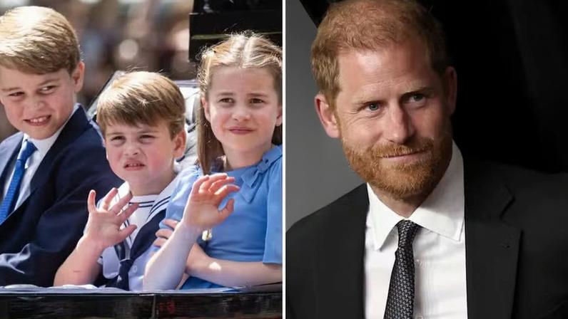 George, Louis e Charlotte em evento da Família Real e Príncipe Harry, em 2025, já afastado da monarquia britânica
