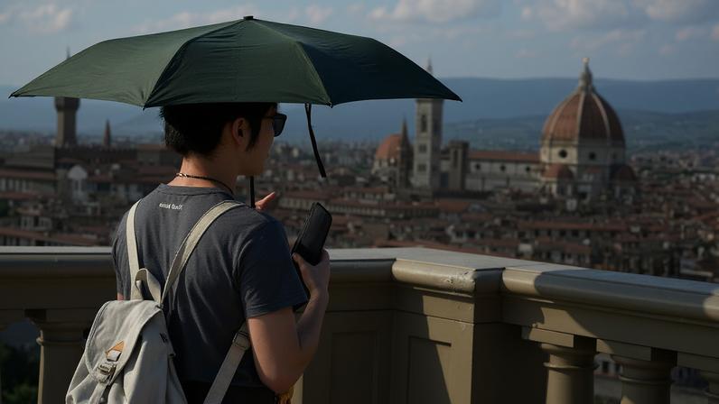 Pessoas usam guarda-chuvas para se proteger do sol durante a onda de calor em Florença, Itália