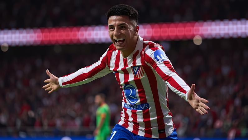 Thiago Almada comemora gol em Atlético de Madrid x Osasuna, pelo Campeonato Espanhol — Foto: Diego Souto/Getty Images