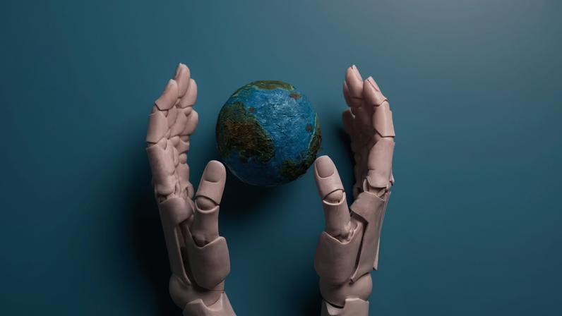Inteligência artificial: imagem ilustrativa mostra mãos robóticas envolvendo o mundo.