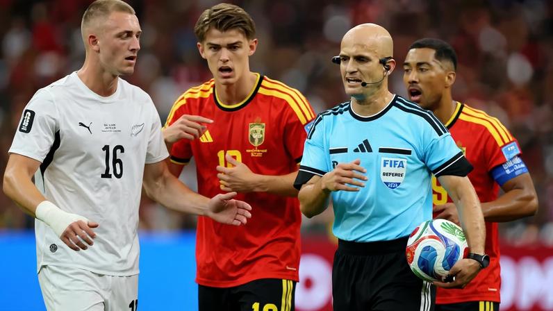 Árbitro Adham Makhadmeh retira pênalti marcado para a Bélgica — Foto: Alex Grimm/Getty Images