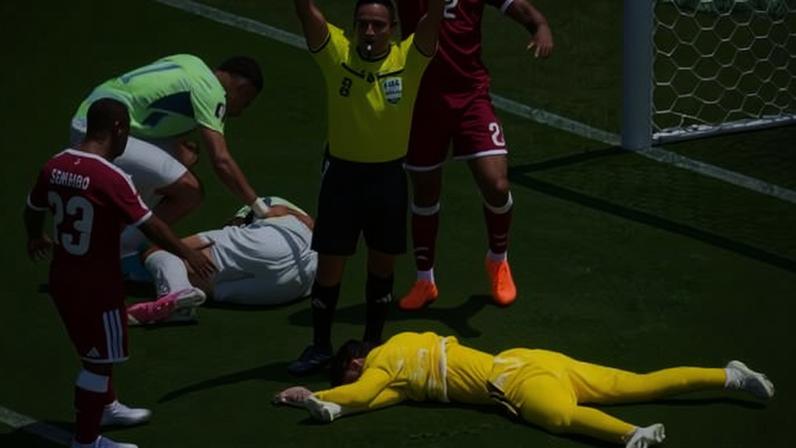 Goleiro do Qatar ficou caído após choque forte com jogador da Suíça