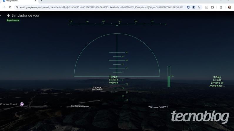 Simulador de voo do Google Earth no Chrome (imagem: Emerson Alecrim/Tecnoblog)
