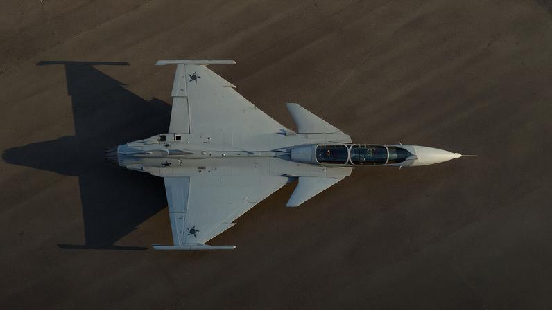 O Gripen-F, resultado de parceria entre a sueca Saab e a Embraer — Foto: Divulgação