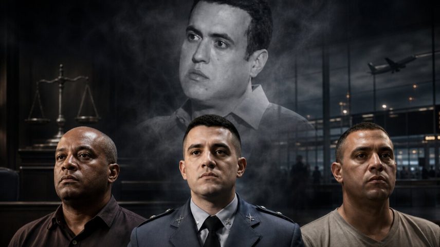 Arte gráfica com retrato de três homens, em primeiro plano, sobre os quais paira o busto de homem - Metrópoles