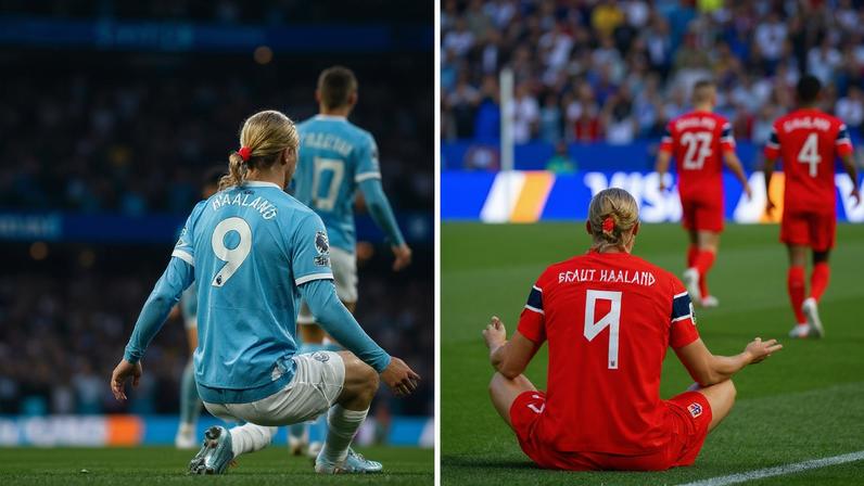 O jogador Erling Braut Haaland com a camisa do Manchester City e com a camisa da seleção norueguesa, a última com o sobrenome da mãe — Foto: Reprodução/redes sociais