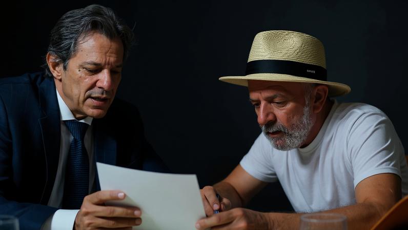 Imagem colorida mostra homem branco de terno e gravata azuis segurando folha de papel. Ele está sentado em uma mesa ao lado de homem idoso, com barba branca, camiseta branca e chapéu na cabeça - Metrópoles