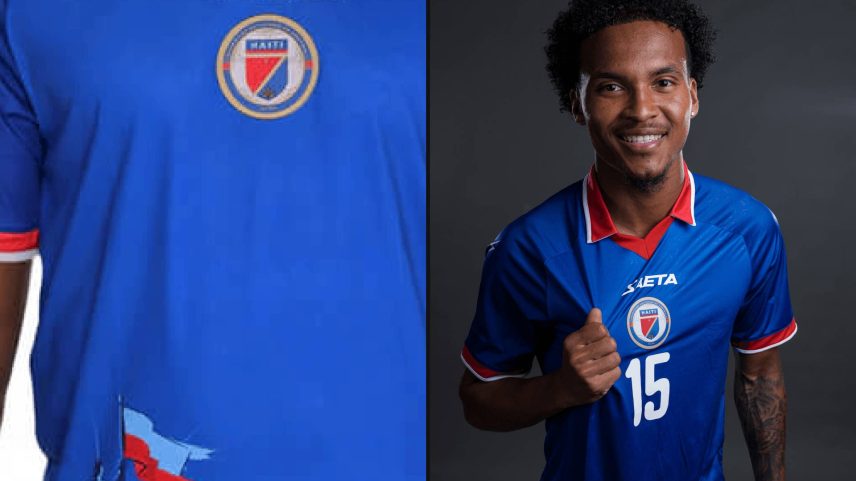 Haiti's original World Cup kit, with flag (left) and the one they will wear now at the tournament (right)