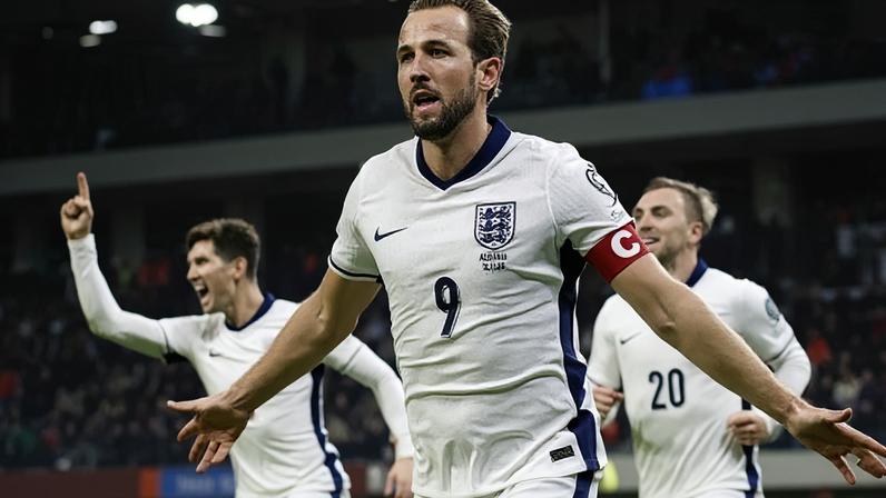 Harry Kane da Inglaterra comemora gol contra a Albânia pelas Eliminatórias Europeias