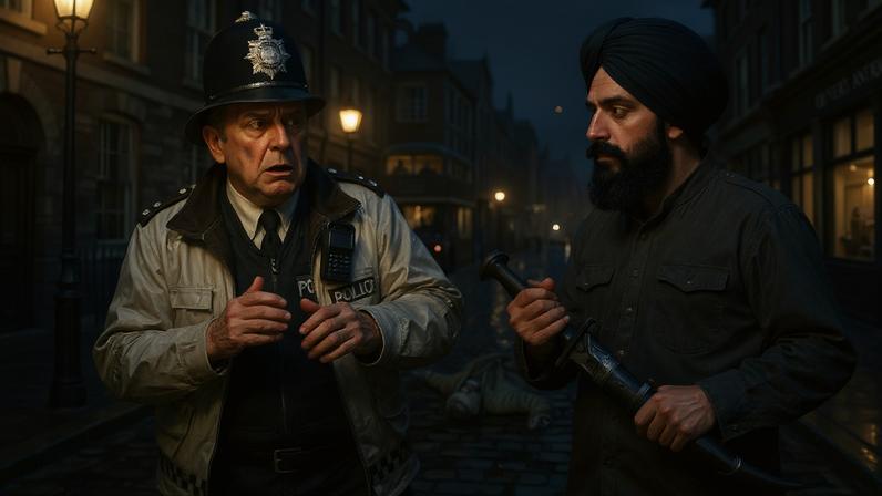 Polícia britânica, com medo de parecer racista, acreditou em homem sikh que havia esfaqueado um adolescente de origem polonesa, e algemou a vítima em vez do agressor. (Foto: Imagem criada utilizando Flow/Gazeta do Povo)