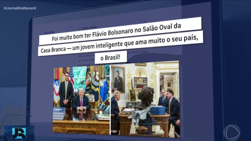 Trump publica foto em uma rede social ao lado do senador Flávio Bolsonaro