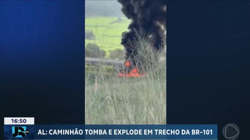 Caminhão-tanque tomba e explode na BR-101 em Alagoas