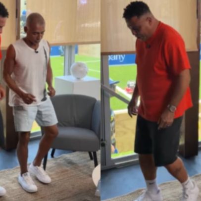 Ronaldo ensina passinho a Romário em encontro entre craques